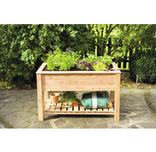 Hochbeet aus Holz mit Kräutern und Gartenzubehör
