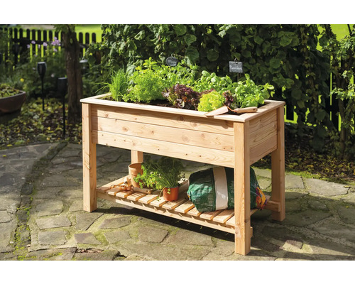 Hochbeet aus Holz mit Kräutern und Gemüse im Garten.
