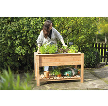 Hochbeet aus Holz mit Pflanzen und einer Frau im Garten