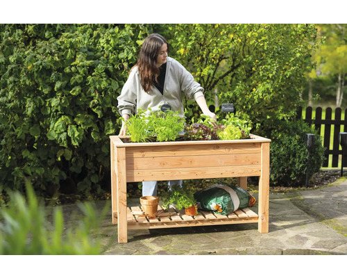 Hochbeet aus Holz mit Pflanzen und einer Frau im Garten