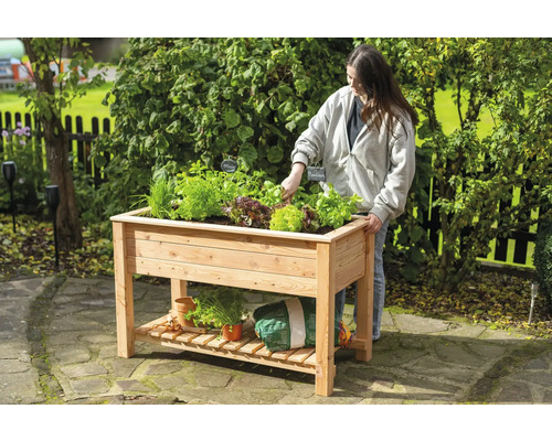 Frau gärtnert in einem Hochbeet aus Holz mit Kräutern und Salat im Garten