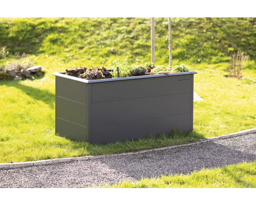 Hochbeet aus Metall mit Gemüse und Kräutern im Garten