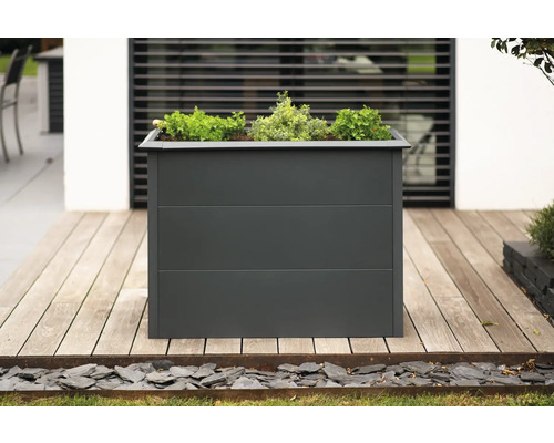 Quadratischer Pflanzkasten mit Bepflanzung auf einer Terrasse