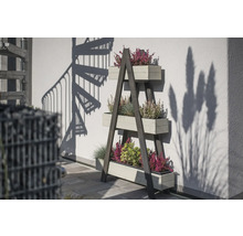 Blumenständer mit drei Pflanzkästen und verschiedenen Pflanzen