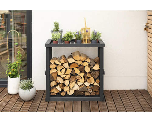 Holzregal mit Brennholz und Pflanzen auf einer Terrasse