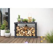 Holzlagerregal mit Brennholz und Pflanzen auf einer Terrasse