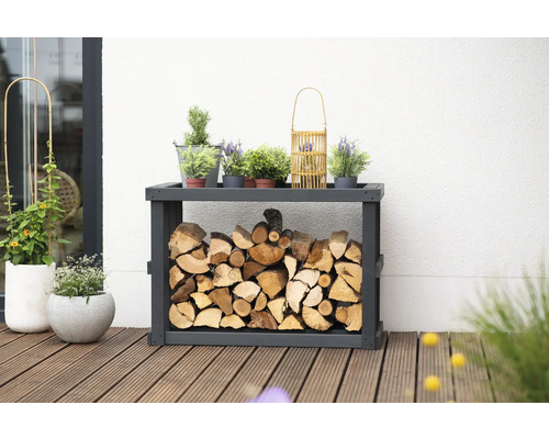 Holzlagerregal mit Brennholz und Pflanzen auf einer Terrasse