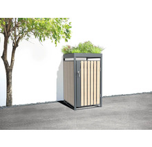 Mülltonnenbox mit Pflanzen auf der Oberseite im Außenbereich