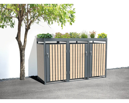 Mülltonnenbox mit Pflanzschale und Holzverkleidung im Garten