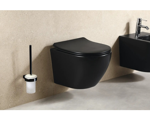 Wandhängendes WC in Schwarz mit Toilettenbürste und Bidet