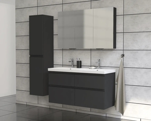 Modernes Badezimmer-Set mit Waschtisch, Spiegelschrank und Hochschrank vor einer grauen Wand