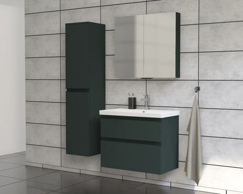 Modernes Badezimmerensemble mit Waschtischunterschrank, Spiegelschrank und Hochschrank