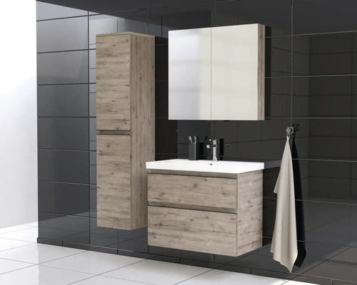 Badezimmer-Set mit Waschtischunterschrank, Spiegelschrank und Hochschrank