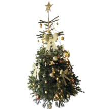 Geschmückter Weihnachtsbaum mit Stern, Schleifen und Kugeln