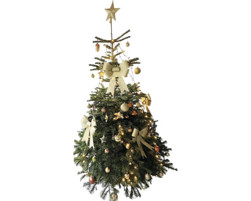 Geschmückter Weihnachtsbaum mit Stern, Schleifen und Kugeln