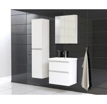 Badezimmer mit Hochschrank, Waschtischunterschrank und Spiegelschrank