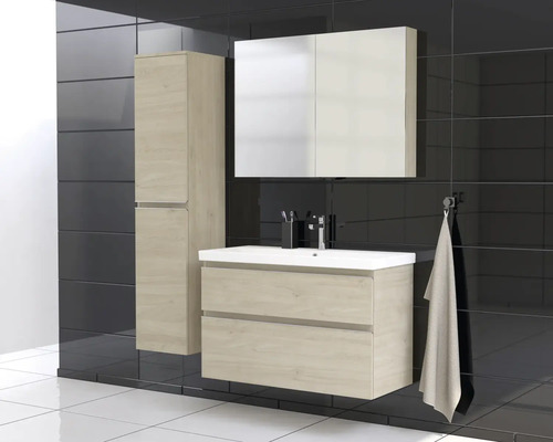 Badezimmer mit Waschtischunterschrank, Spiegelschrank und Hochschrank