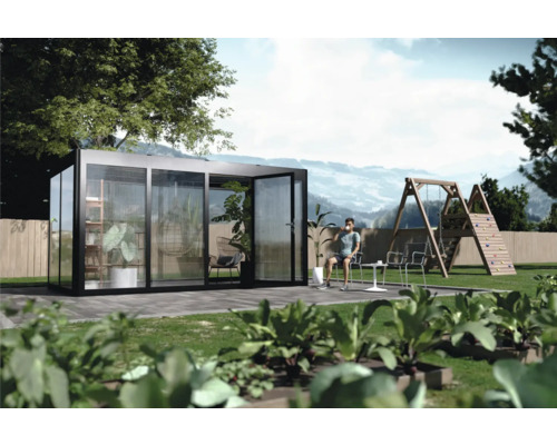 Gewächshaus Sun Garden Select 4.2 Polycarbonat 10 mm 443 x 233 cm anthrazit Moderner Garten mit Gewächshaus, Sitzecke und Kinderspielgerät