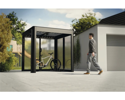 Pergola SunElements SunCover Select 2.2 inkl. Rückwand 233 x 233 cm anthrazit Fahrradunterstand mit Solardach und Ladestation im Außenbereich