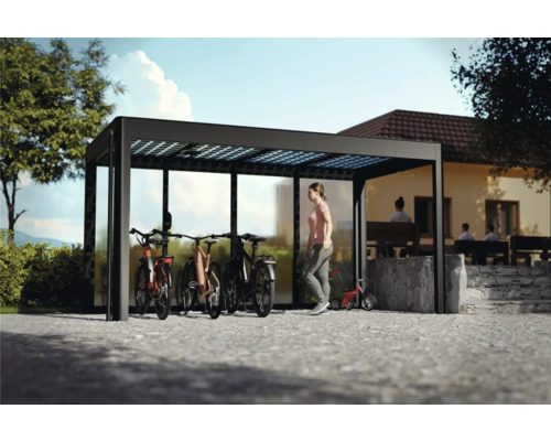 Pergola SunElements SunCover Select 4.2 inkl. Rückwand 443 x 233 cm anthrazit Fahrradunterstand mit Solardach und mehreren Fahrrädern