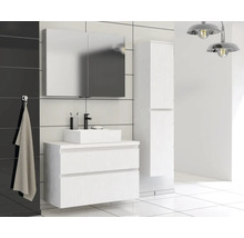 Badezimmer mit Waschbeckenunterschrank, Spiegelschrank und Hochschrank