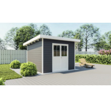 Garten Szene mit Gerätehaus mit Doppeltür und Holzliege