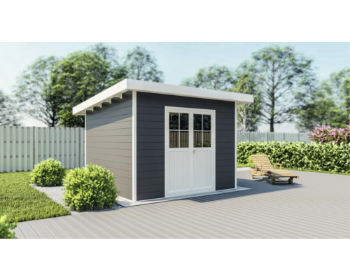 Garten Szene mit Gerätehaus mit Doppeltür und Holzliege