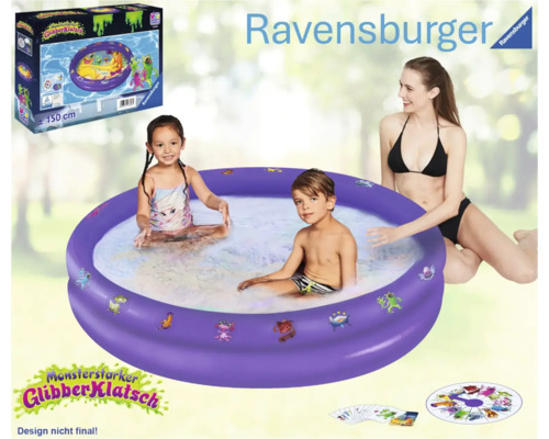 Ravensburger Planschbecken mit Kindern im Wasser und Spielverpackung im Hintergrund