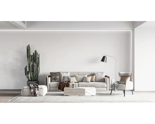 Helles Wohnzimmer mit Sofa, Sessel, Kaktus und Stehlampe