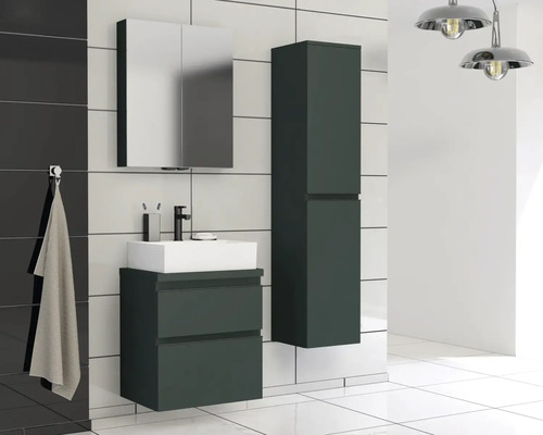 Modernes Badezimmer mit Waschbeckenunterschrank, Spiegelschrank und Hochschrank für eine stilvolle Einrichtung