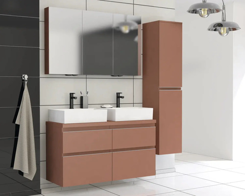 Modernes Badezimmer mit Doppelwaschtisch, Spiegelschrank und Hochschrank