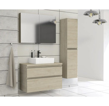 Badezimmer mit Waschtischunterschrank, Spiegelschrank und Hochschrank