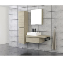 Badezimmer mit Waschtisch, Spiegelschrank und Hochschrank vor Fliesenwand