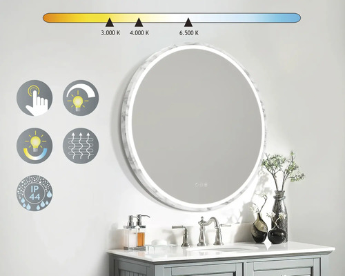 Runder LED Spiegel mit Touchsensor zur Lichtsteuerung und IP44 Schutzklasse im Badezimmer.