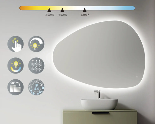 Beleuchteter Spiegel mit Touchfunktion, einstellbarer Farbtemperatur, Antifog-Funktion, Schutzart IP44 und 90-Grad-Drehfunktion im Badezimmer