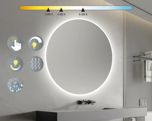 Runder Badspiegel mit Beleuchtung und Touch-Funktion in einem Badezimmer