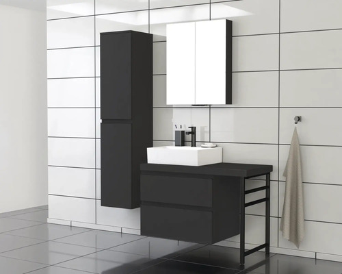 Badezimmer mit Waschbeckenunterschrank, Spiegelschrank und Hochschrank