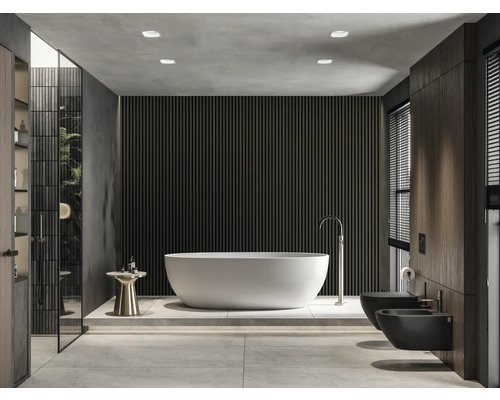 Modernes Badezimmer mit freistehender Badewanne, Toilette und Bidet.