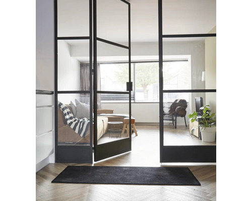 Zimmeransicht mit Stahltür mit Glaseinsatz, Sofa, Sessel, Pflanze und Teppich