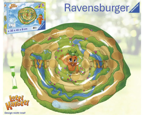 Ravensburger Lotti Karotti Wasserspaß Spielbrett mit Sanduhr und Spielverpackung