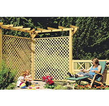 Holzzaun mit Rankgitter und spielenden Kindern im Garten