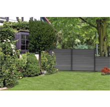 Garten mit Rasenfläche, Pflanzen und einem grauen Sichtschutzzaun