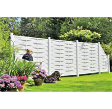 Gartenszene mit Sichtschutzzaun, Frau sitzt auf einer Bank, Hund liegt im Gras