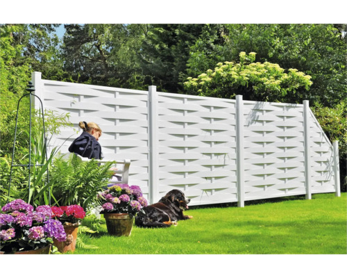 Gartenszene mit Zaun, sitzender Frau, Hund, Blumen und Grünpflanzen.