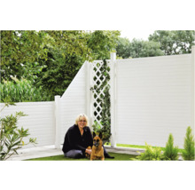 Gartenszene mit weißem Sichtschutzzaun, Frau und Hund