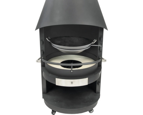 Grillkamin mit Haube und Ablageflächen auf Rädern
