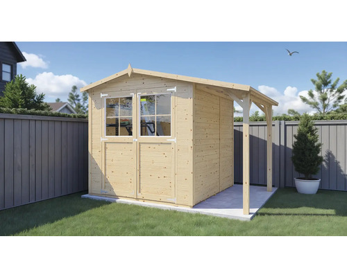 Gartenhaus aus Holz mit Doppeltür, Fenstern und Vordach im Garten