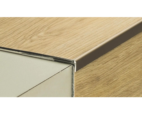 Detailaufnahme von Bodenbelägen aus Laminat und Fliesen mit Übergangsprofil