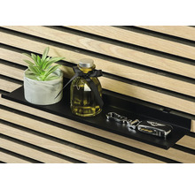 Dekorative Zimmerpflanze, Duftflakon und Schlüssel auf einem schwarzen Wandregal vor einer Holzwand