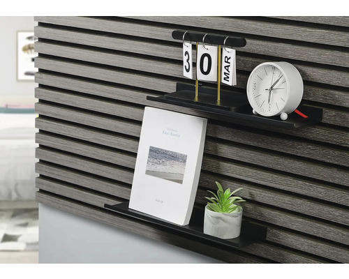 Dekoratives Wandpaneel mit zwei Ablagen, verziert mit einer Zimmerpflanze, einem Buch, einem Kalender und einer Uhr.